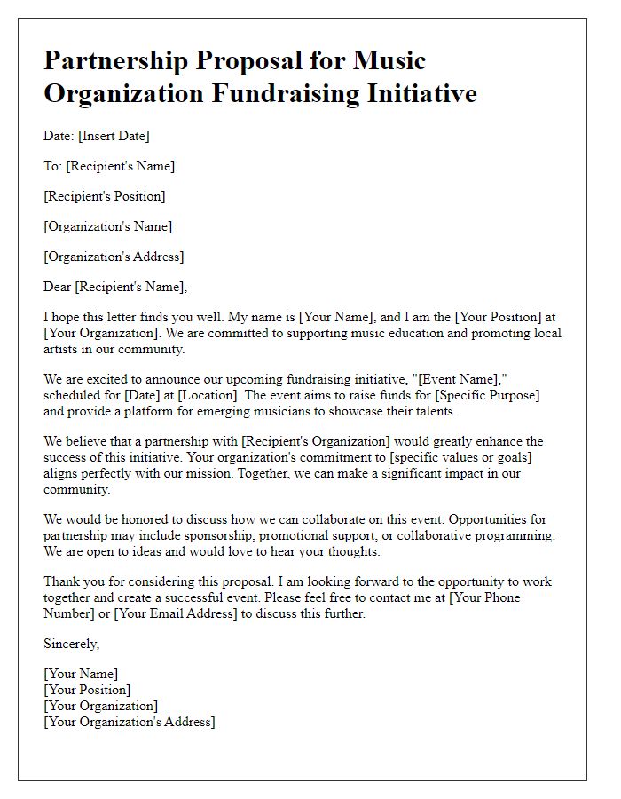 Letter template of partnership proposal for music organization fundraising initiative