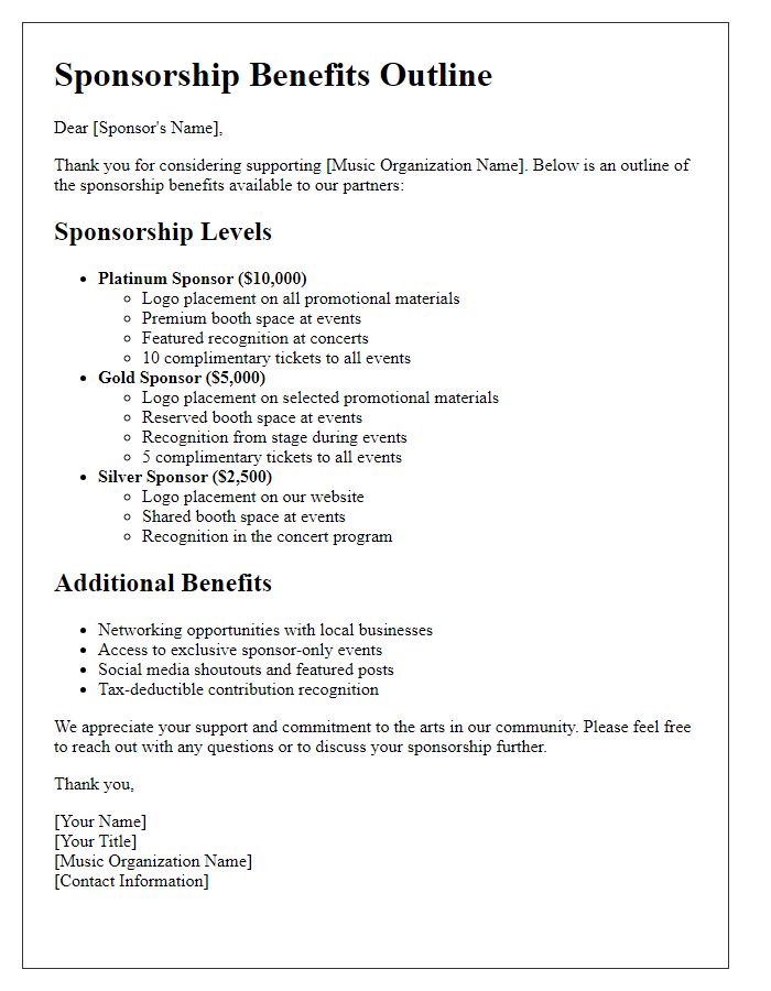 Letter template of sponsorship benefits outline for music organization fundraising