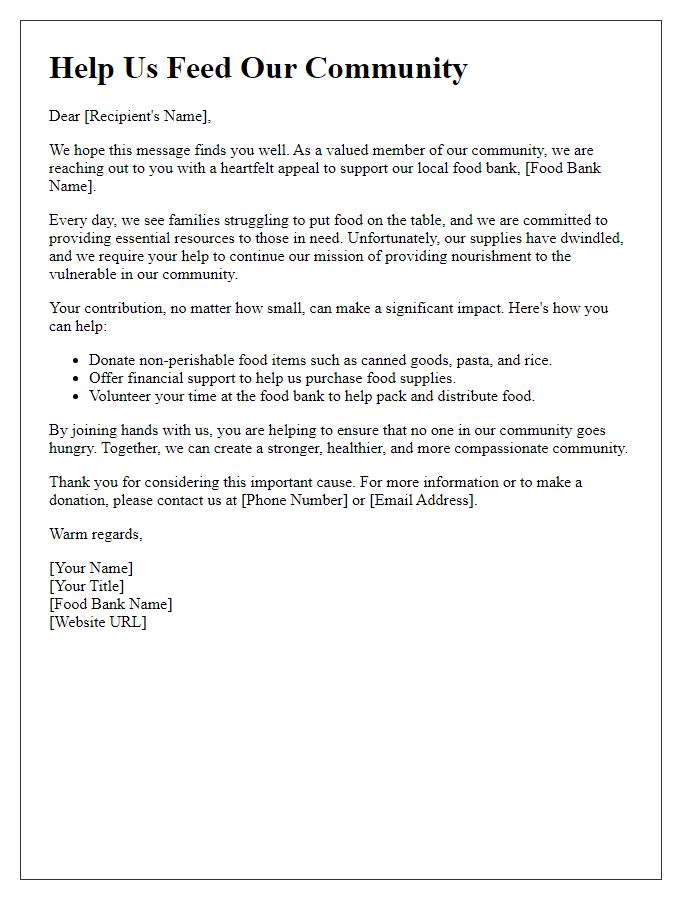 Letter template of appeal for contributions to local food bank.