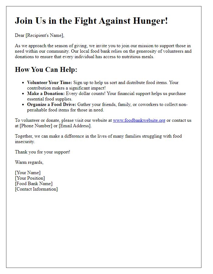 Letter template of call to action for food bank volunteer and donation efforts.