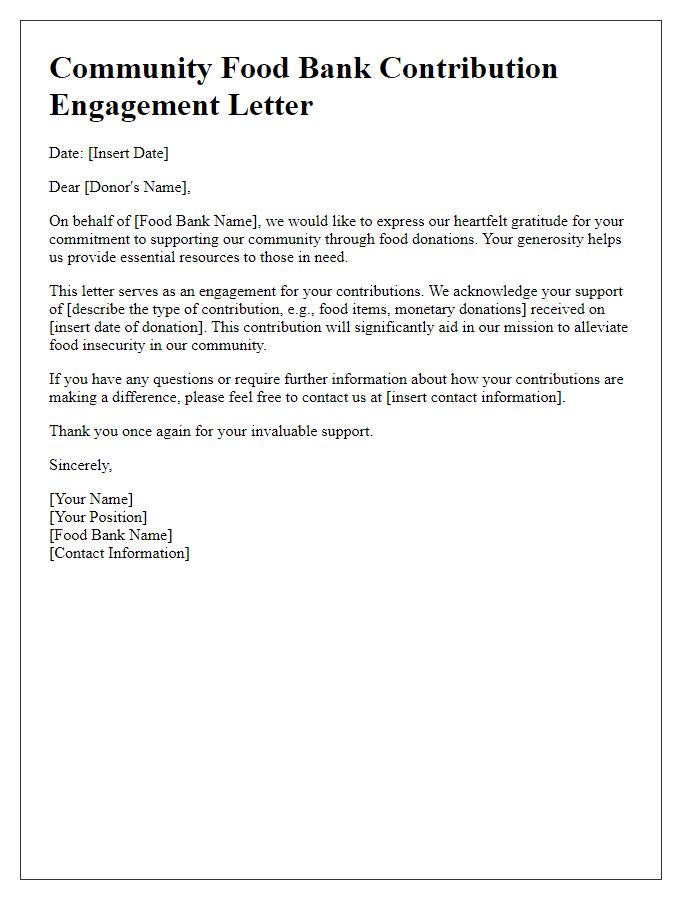 Letter template of engagement for community food bank contributions.