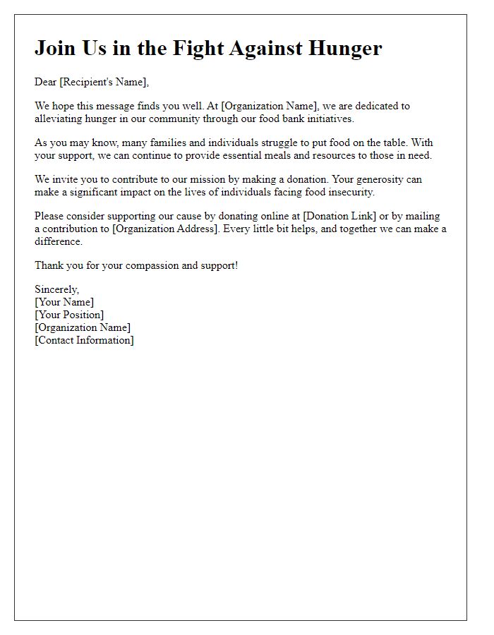 Letter template of invitation to donate to food bank initiatives.