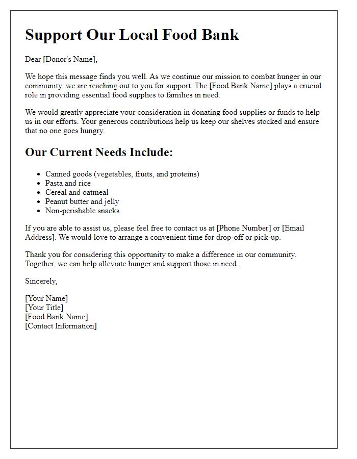 Letter template of outreach for food bank supply donations.