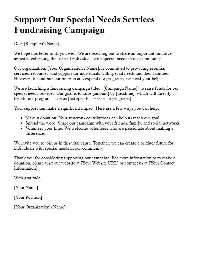 Letter template of awareness campaign for special needs services fundraising.