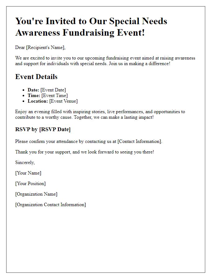 Letter template of event invitation for special needs awareness fundraising.