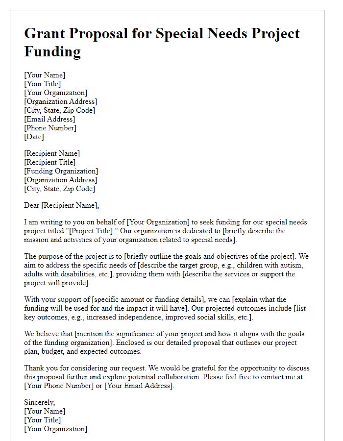 Letter template of grant proposal for special needs project funding.