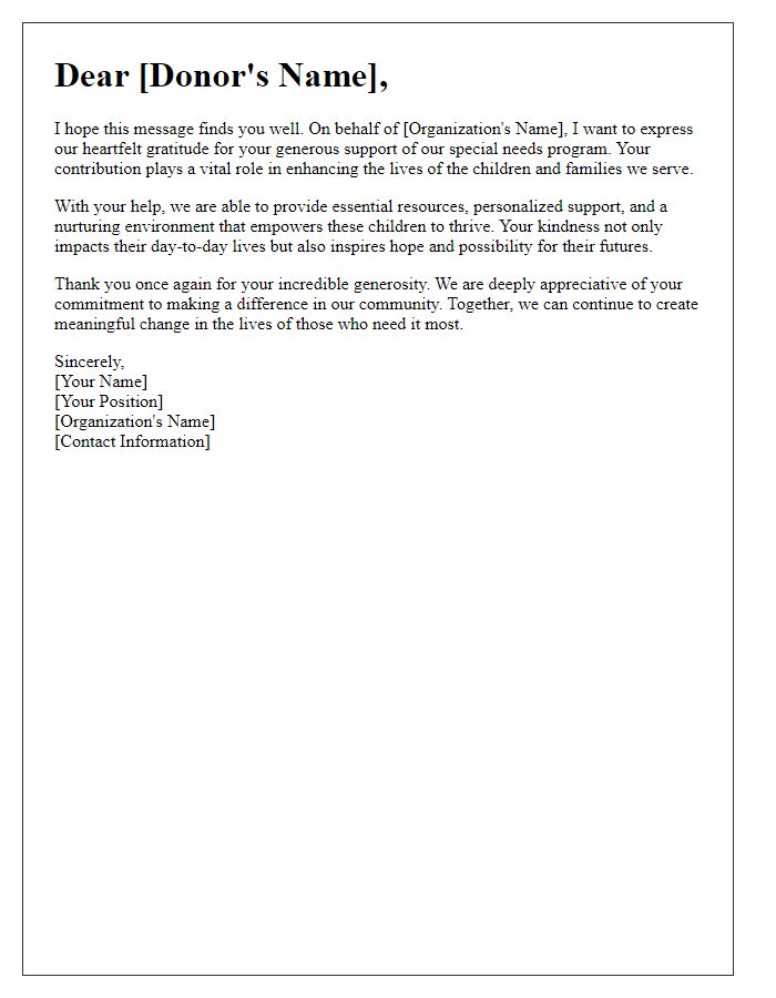 Letter template of gratitude to donors for special needs program support.