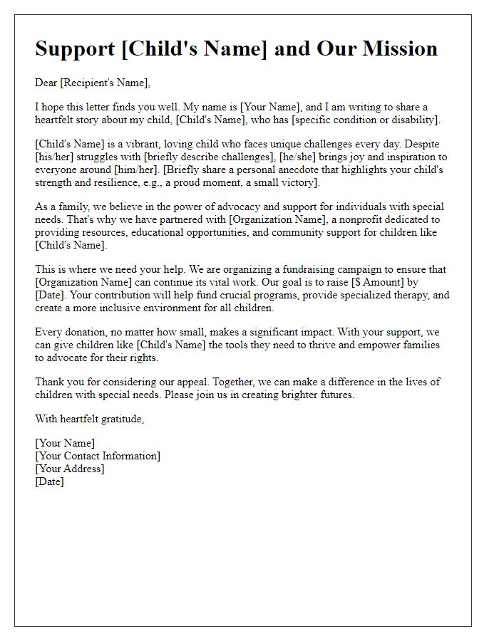 Letter template of personal story appeal for special needs advocacy fundraising.