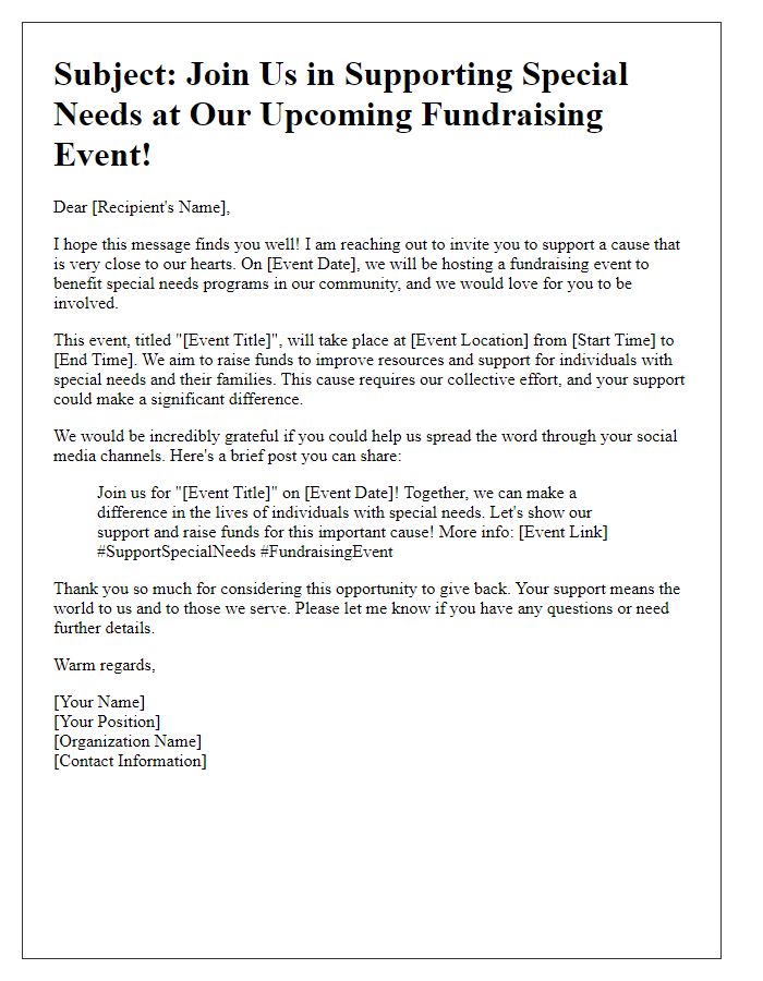 Letter template of social media outreach for special needs fundraising event.