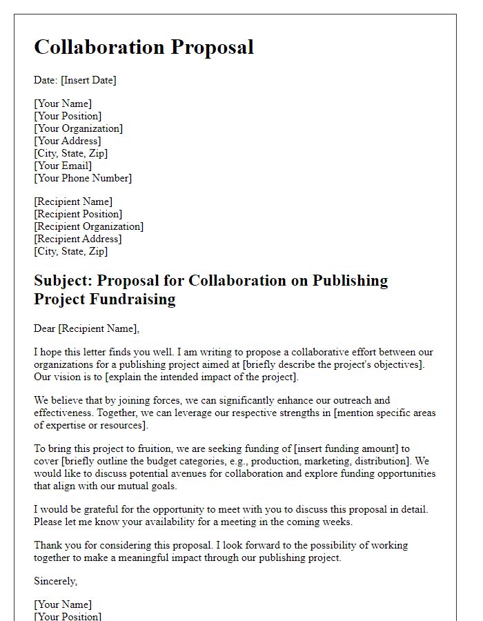 Letter template of collaboration proposal for publishing project fundraising