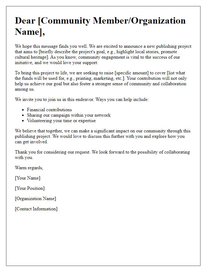 Letter template of community engagement for publishing project fundraising