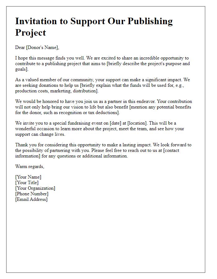 Letter template of donor invitation for publishing project fundraising