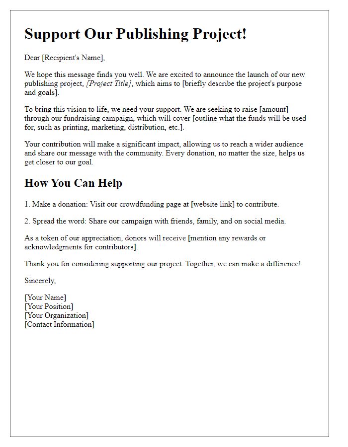 Letter template of fundraising campaign for publishing project launch