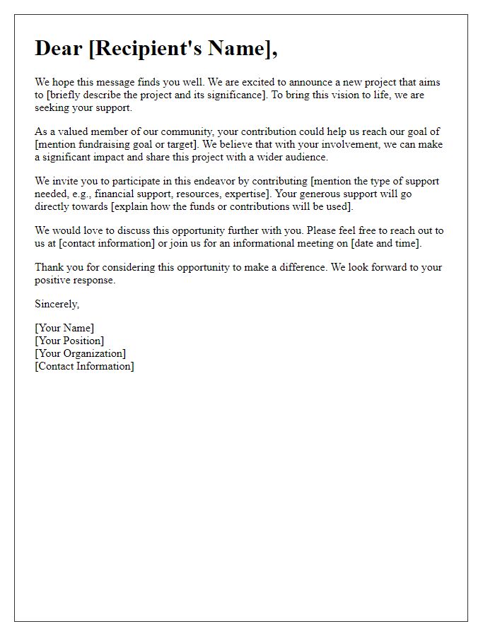 Letter template of invitation to contribute for publishing project fundraising