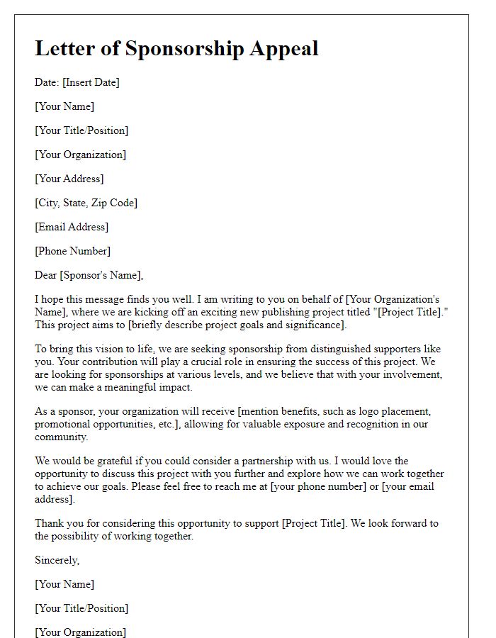 Letter template of sponsorship appeal for publishing project fundraising