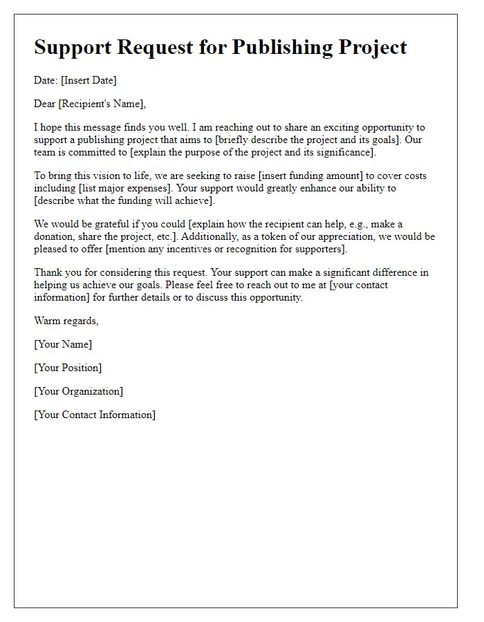 Letter template of support request for publishing project fundraising