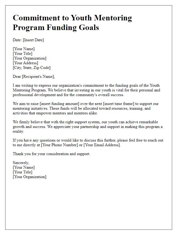 Letter template of commitment to youth mentoring program funding goals.