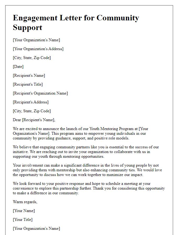 Letter template of engagement for community support of youth mentoring program.