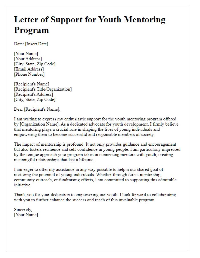 Letter template of enthusiasm for supporting youth mentoring program efforts.