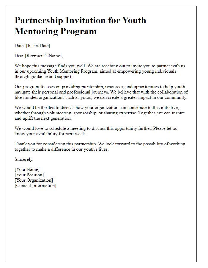 Letter template of partnership invitation for youth mentoring program contributions.