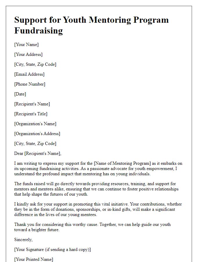 Letter template of support for youth mentoring program fundraising activities.