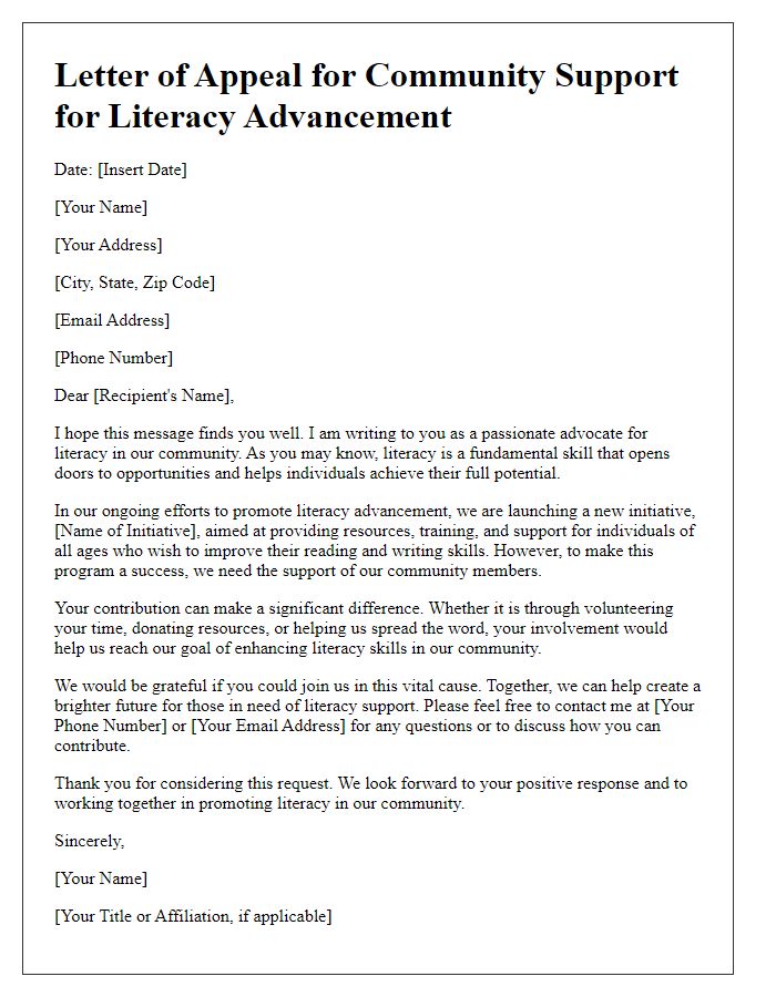 Letter template of Appeal for Community Support for Literacy Advancement