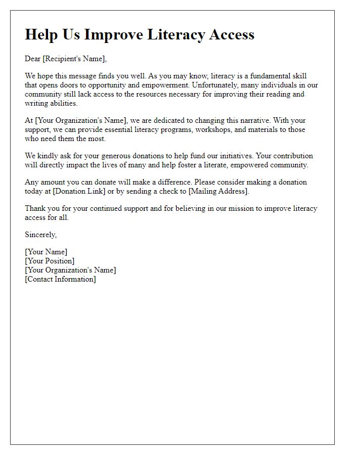 Letter template of Call for Donations to Improve Literacy Access