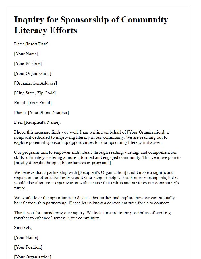 Letter template of Inquiry for Sponsorship of Community Literacy Efforts