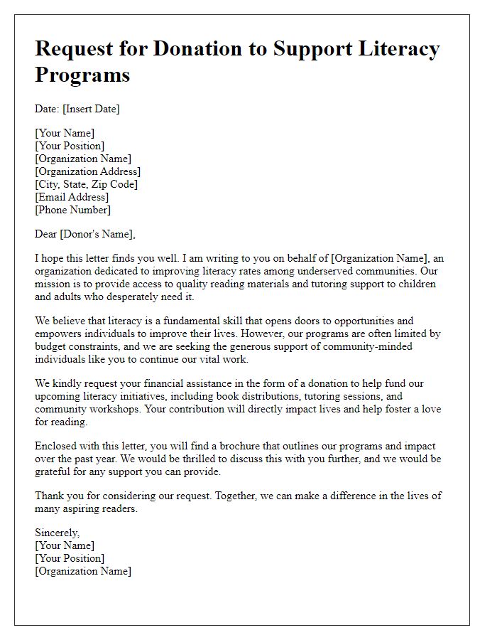 Letter template of Request for Donation to Support Literacy Programs