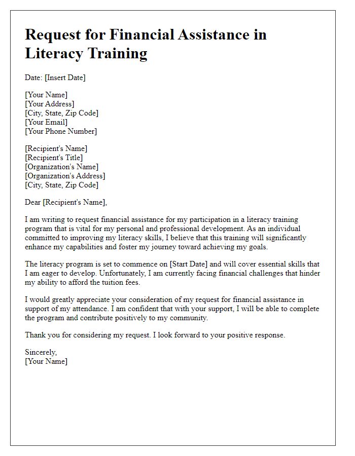 Letter template of Request for Financial Assistance in Literacy Training