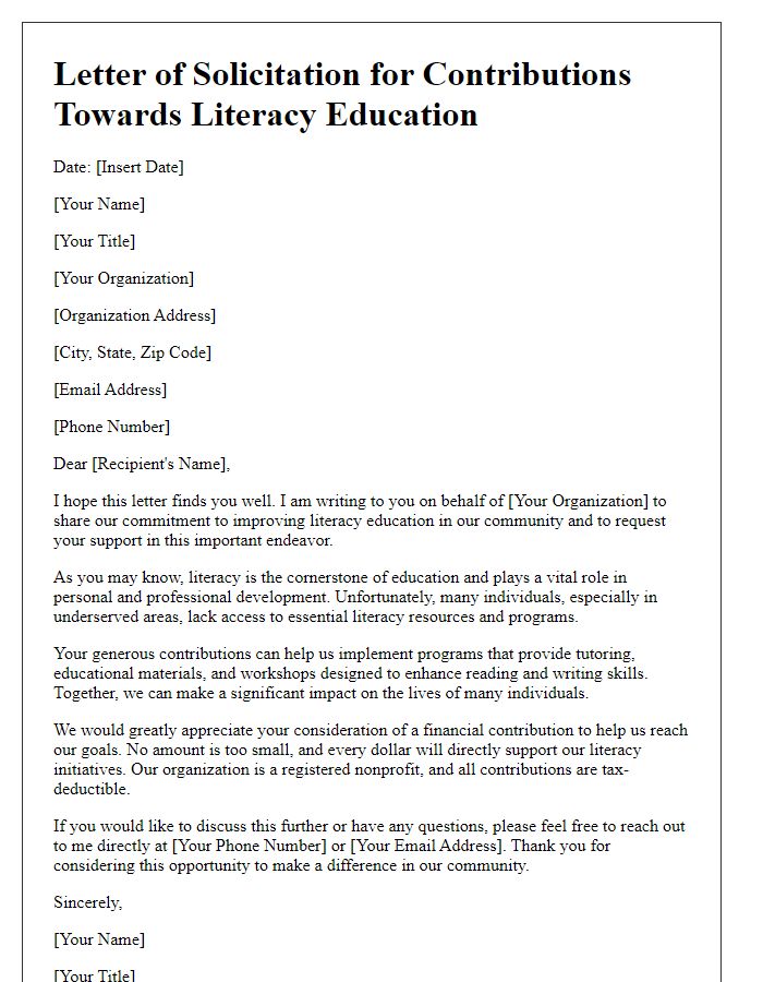 Letter template of Solicitation for Contributions towards Literacy Education