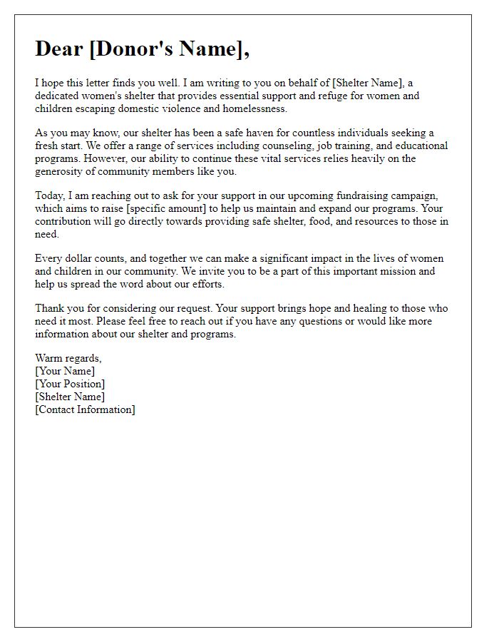 Letter template of appeal for women's shelter fundraising support