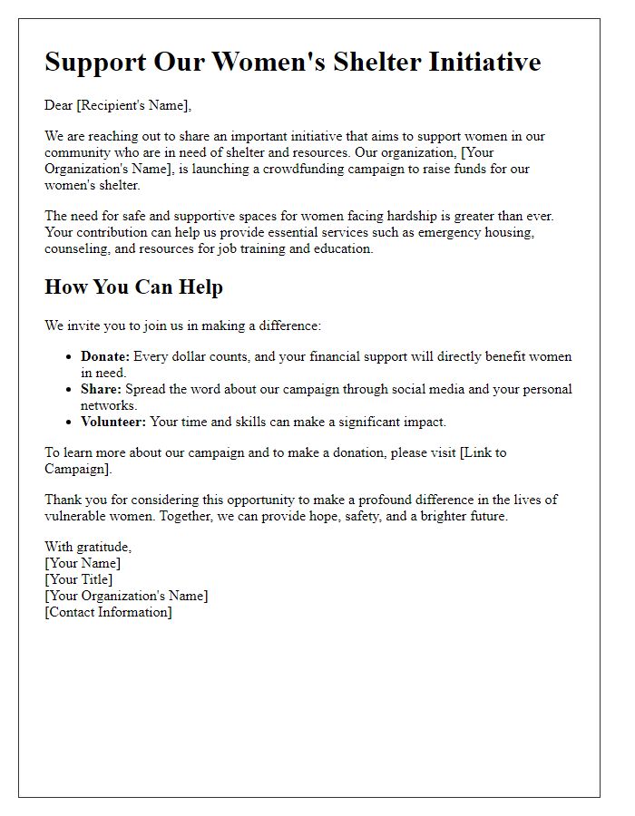 Letter template of crowdfunding campaign for women's shelter resources