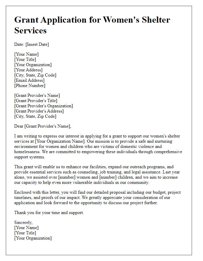 Letter template of grant application for women's shelter services