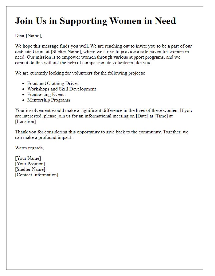 Letter template of volunteering invitation for women's shelter projects