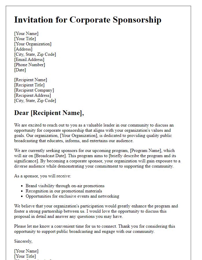 Letter template of corporate sponsorship invitation for public broadcasting.