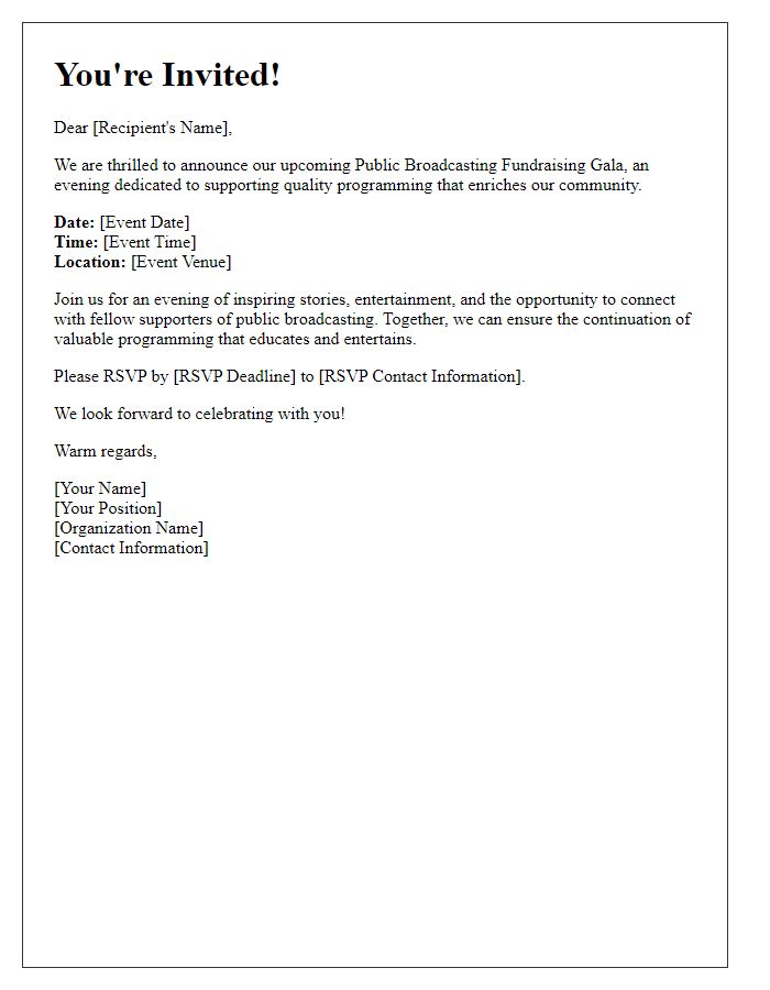 Letter template of event invitation for public broadcasting fundraising gala.