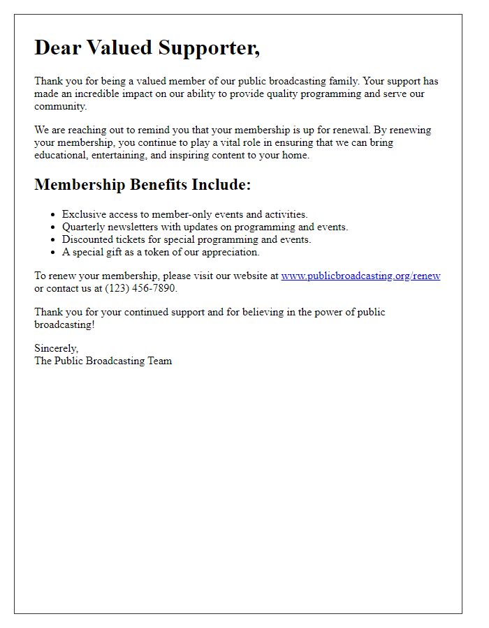 Letter template of membership renewal for public broadcasting supporters.