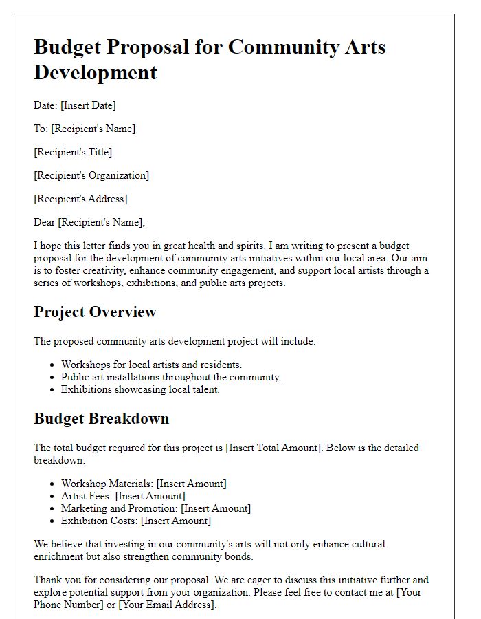 Letter template of budget proposal for community arts development