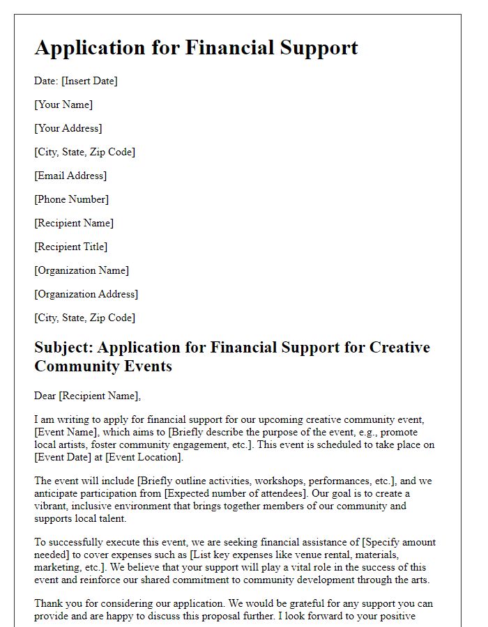 Letter template of financial support application for creative community events