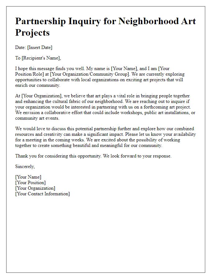 Letter template of partnership inquiry for neighborhood art projects