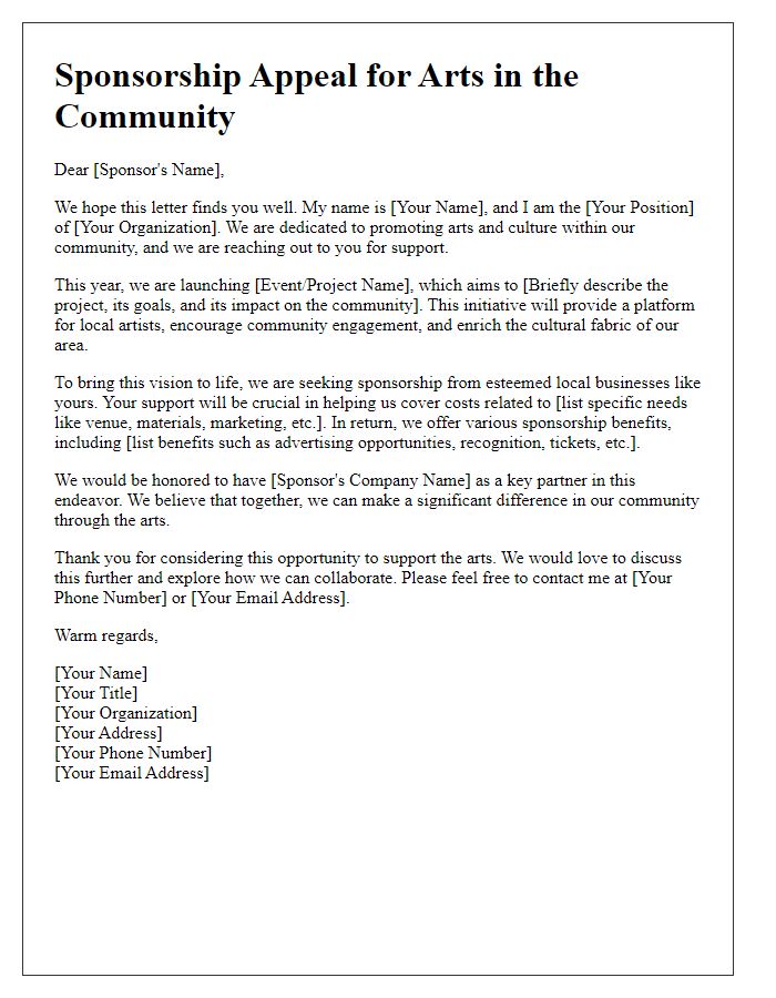 Letter template of sponsorship appeal for arts in the community