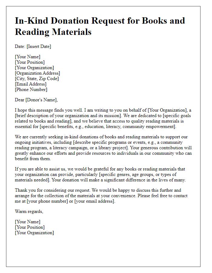 Letter template of in-kind donation request for books and reading materials.