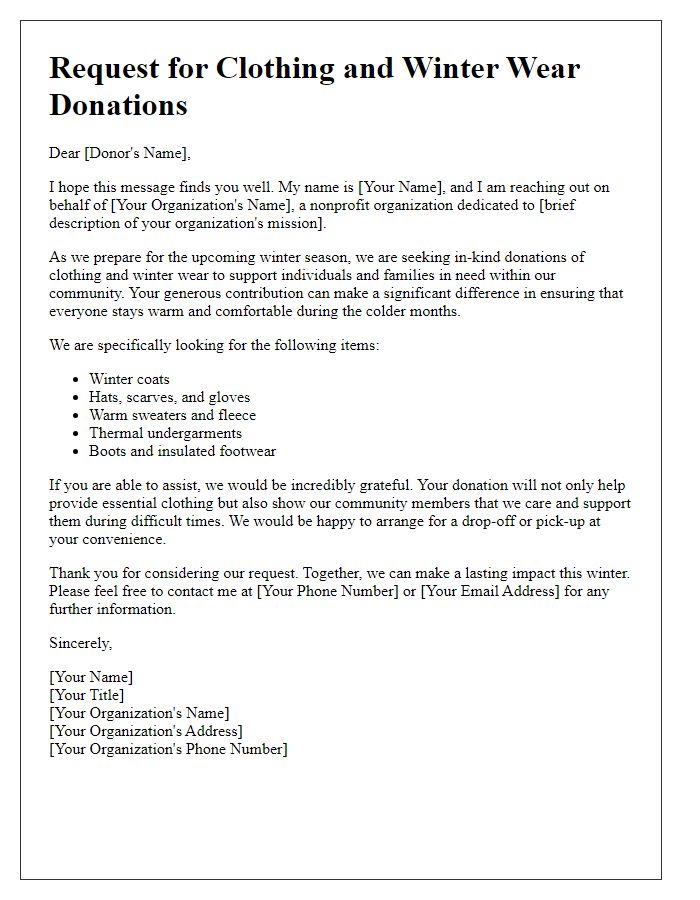 Letter template of in-kind donation request for clothing and winter wear.