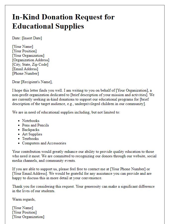 Letter template of in-kind donation request for educational supplies.