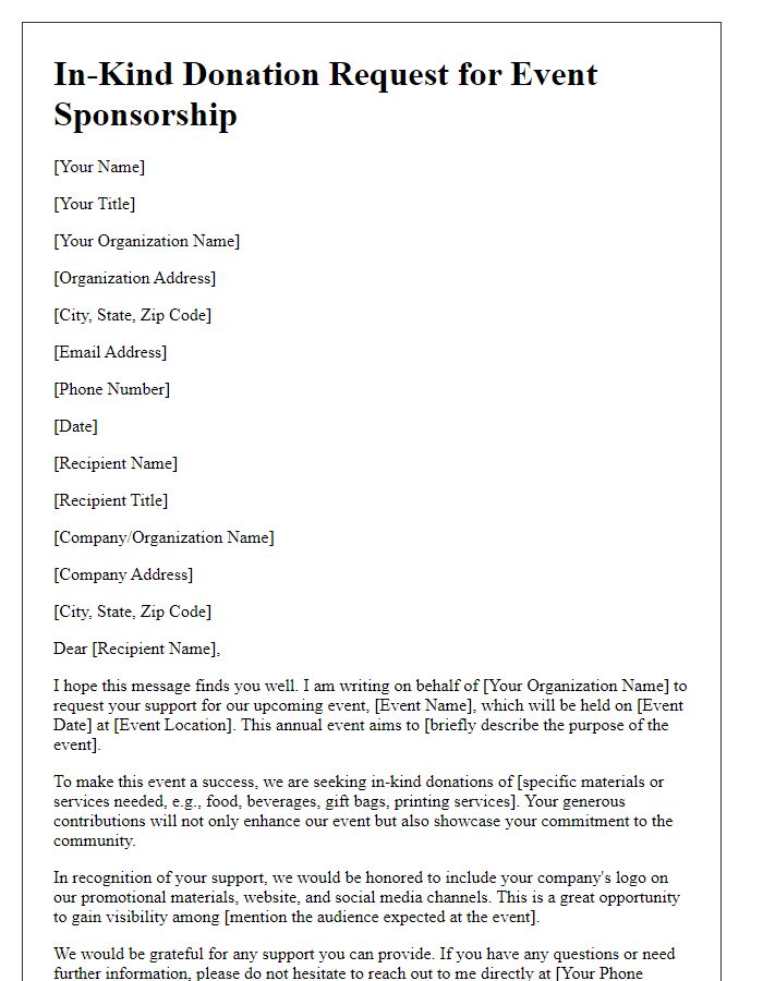 Letter template of in-kind donation request for event sponsorship materials.