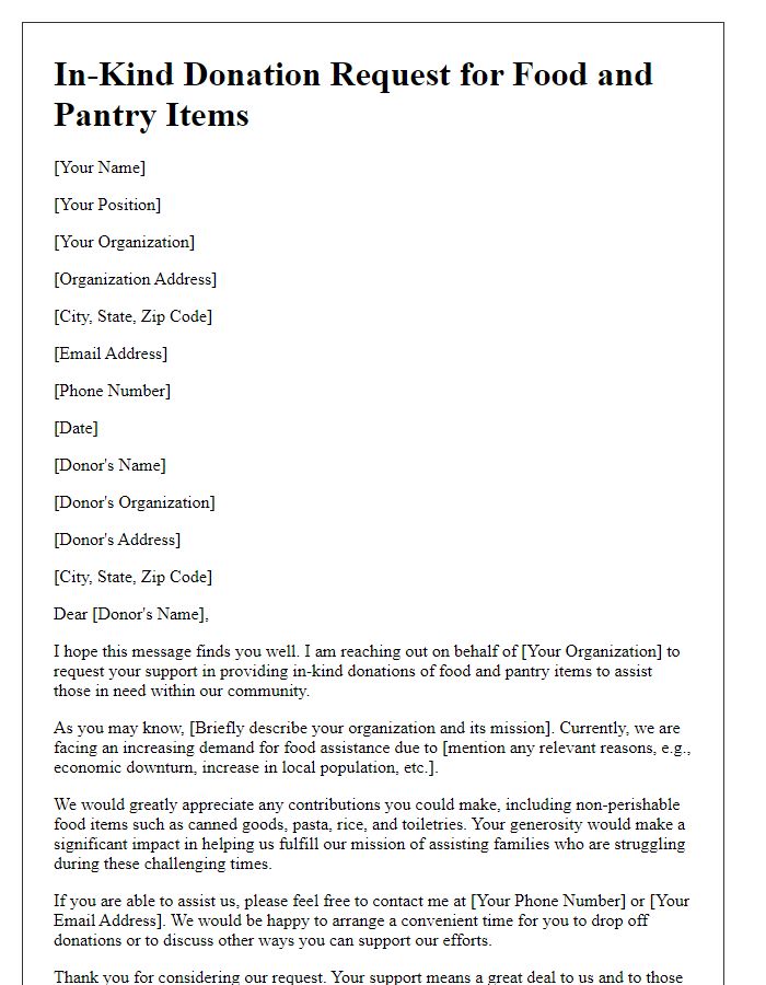 Letter template of in-kind donation request for food and pantry items.