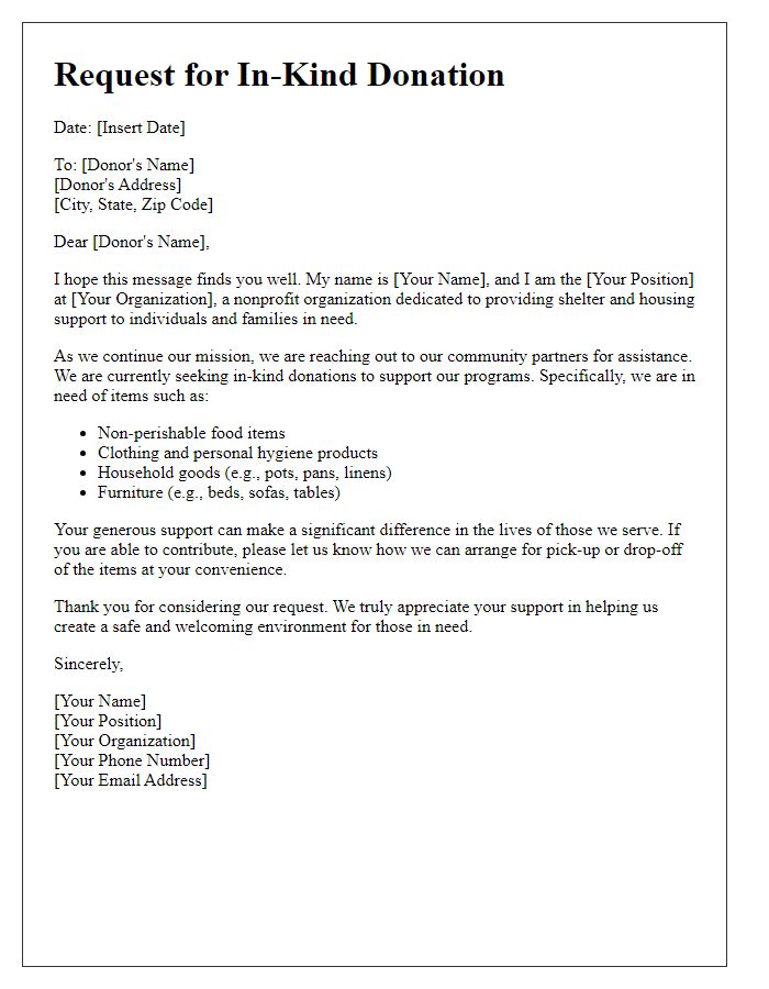 Letter template of in-kind donation request for shelter and housing support.