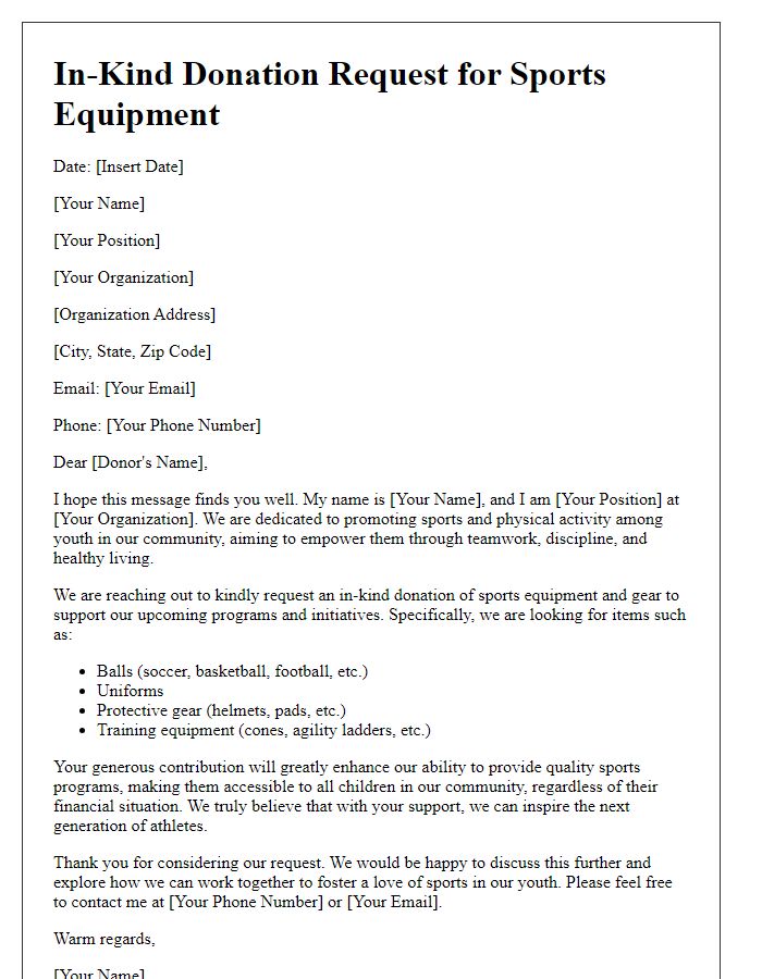 Letter template of in-kind donation request for sports equipment and gear.