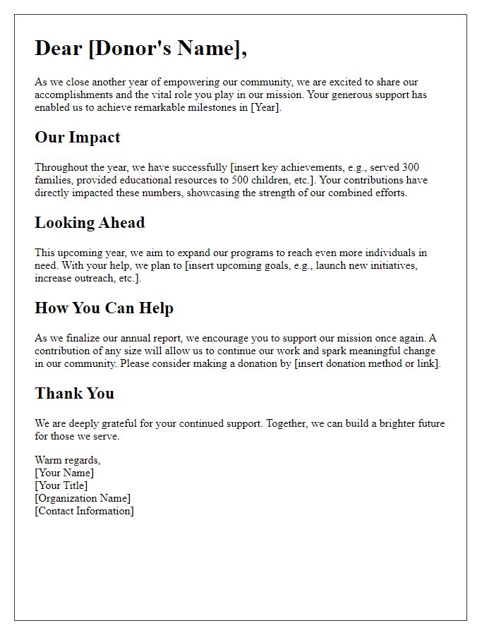 Letter template of annual report appeal for grassroots organization fundraising